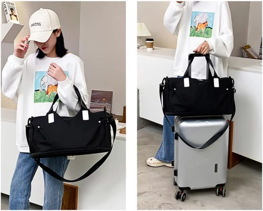 Gym Bag for Women Duffels Pleated Sports Tote Travel Bags Carry On with Shoe Compartment for Weekender Tennis Baseball Yoga Outdoor(Black)