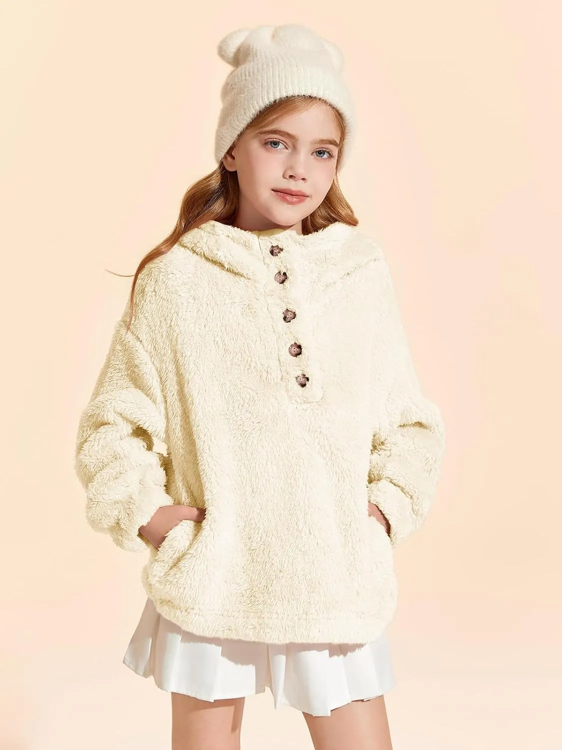 Haloumoning Girls Sherpa Hoodies Kids Fashion Fuzzy Fleece Half Button Long Sleeve Sweatshirt 5-14 Years