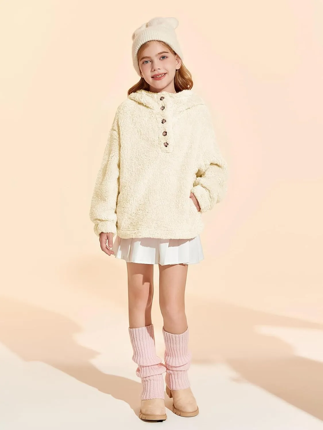 Haloumoning Girls Sherpa Hoodies Kids Fashion Fuzzy Fleece Half Button Long Sleeve Sweatshirt 5-14 Years