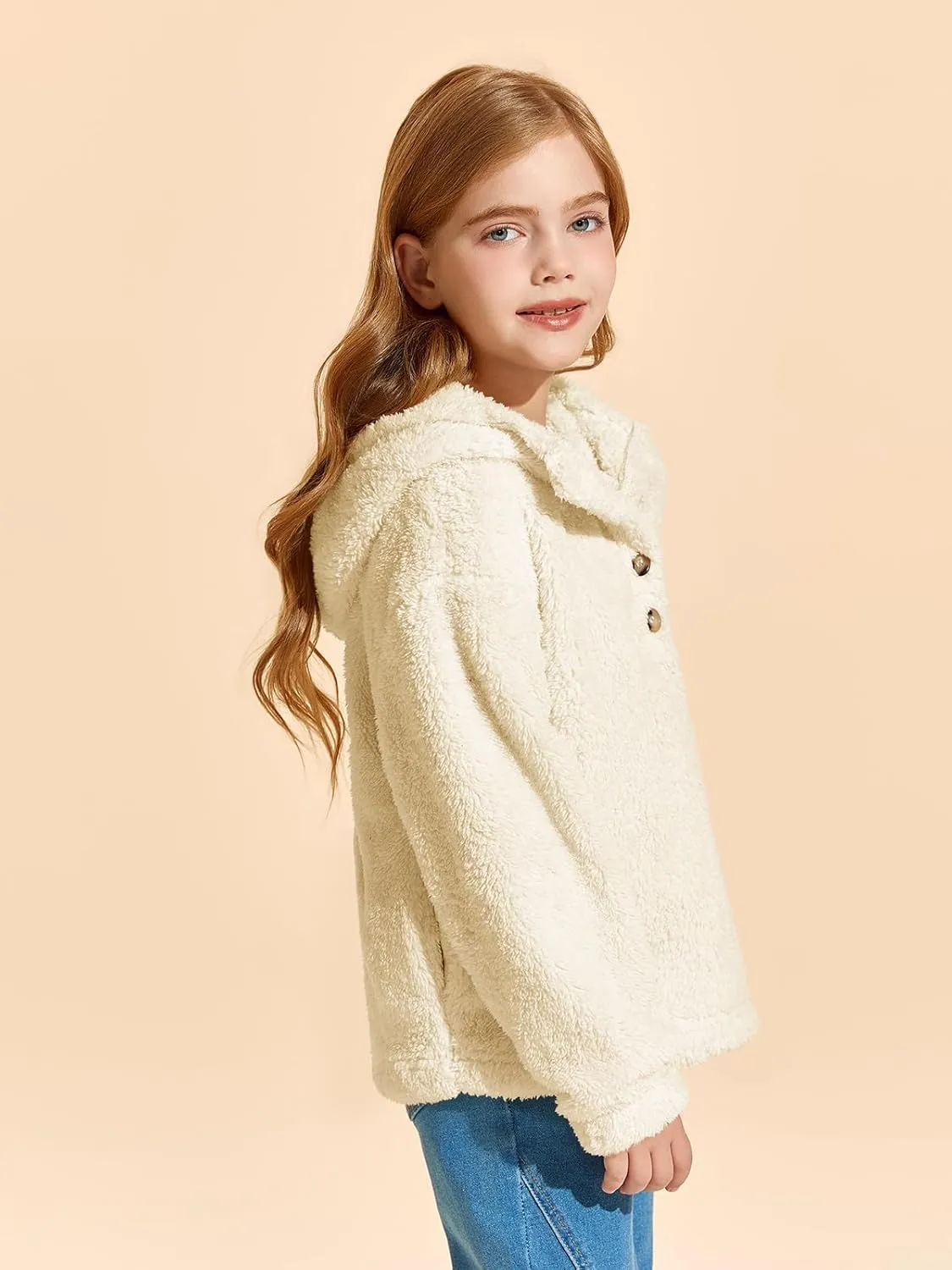 Haloumoning Girls Sherpa Hoodies Kids Fashion Fuzzy Fleece Half Button Long Sleeve Sweatshirt 5-14 Years