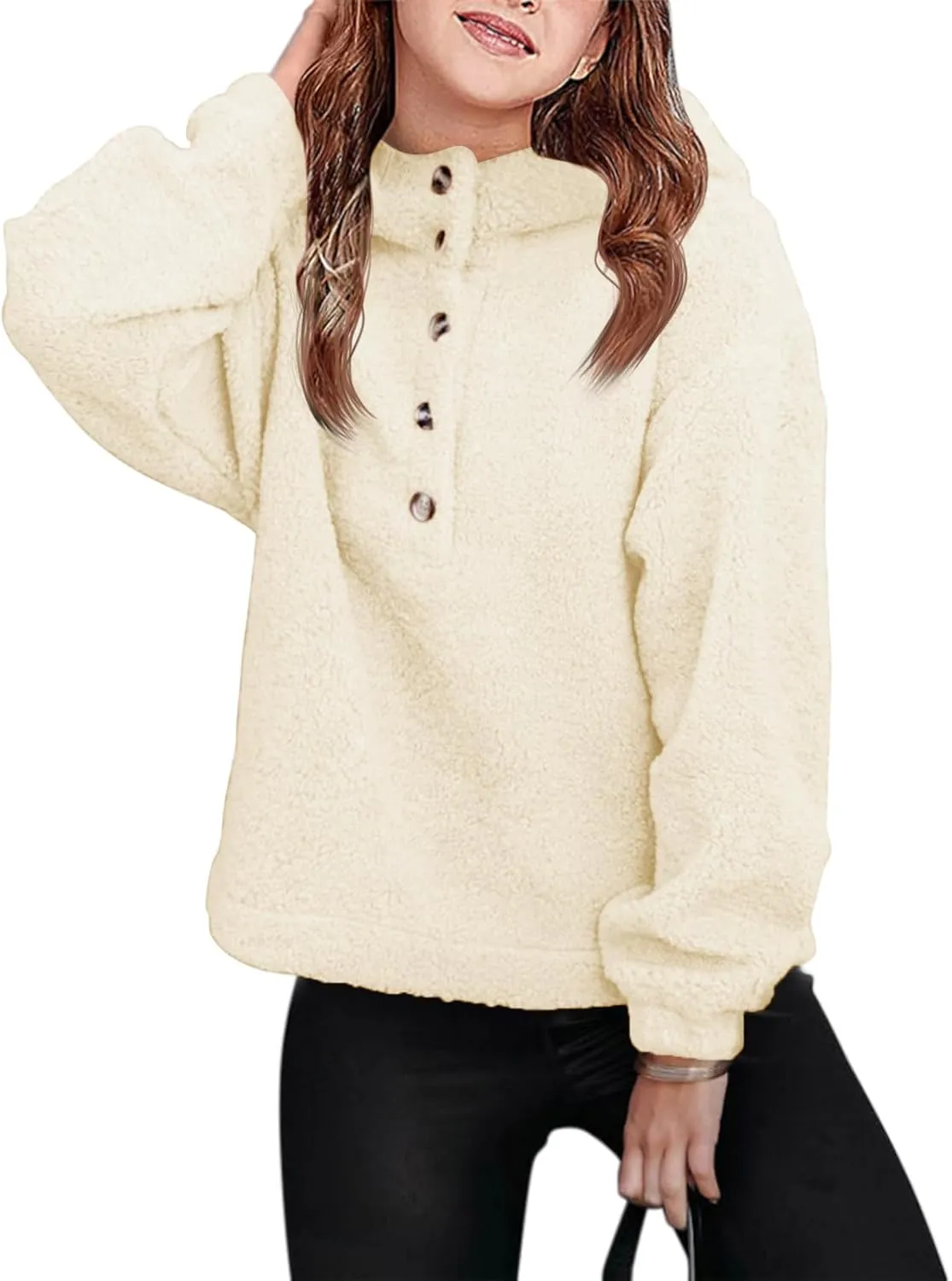 Haloumoning Girls Sherpa Hoodies Kids Fashion Fuzzy Fleece Half Button Long Sleeve Sweatshirt 5-14 Years