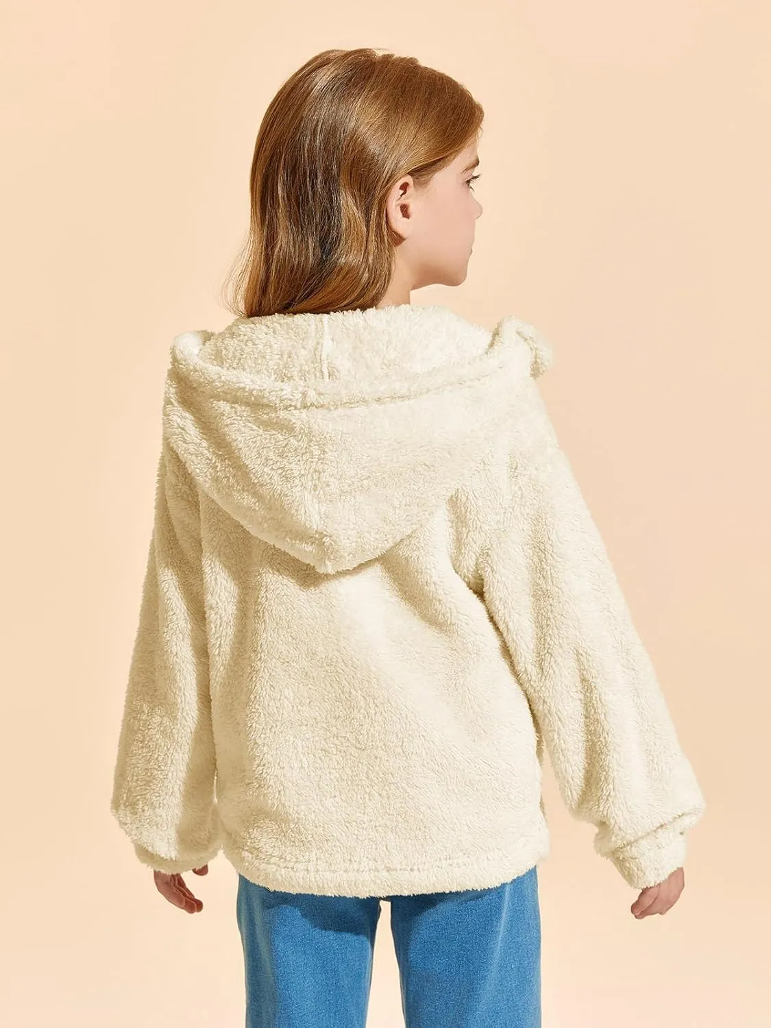Haloumoning Girls Sherpa Hoodies Kids Fashion Fuzzy Fleece Half Button Long Sleeve Sweatshirt 5-14 Years