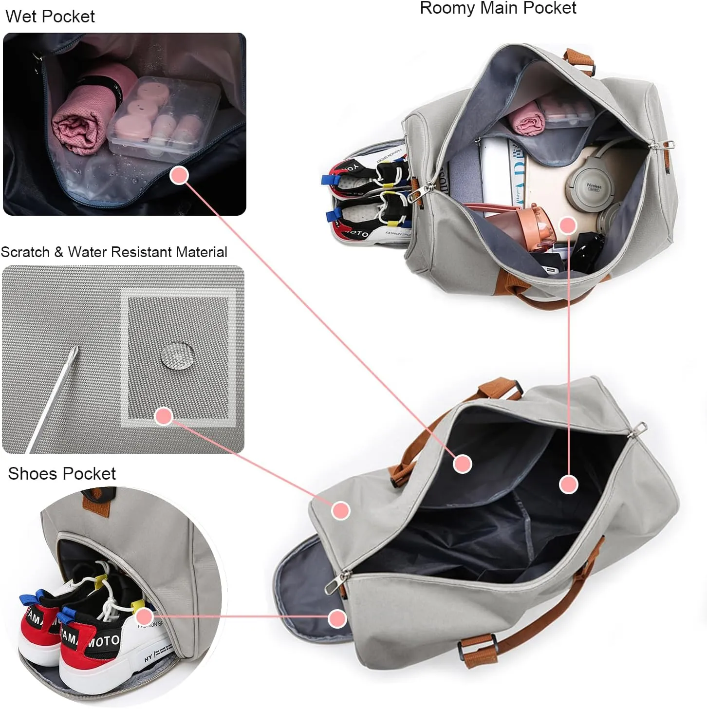 HATAMOTO Weekender Duffel Sport Gym Bag Overnight Travel duffle Bags with Shoe Compartment Wet Pocket, B2-Light Grey