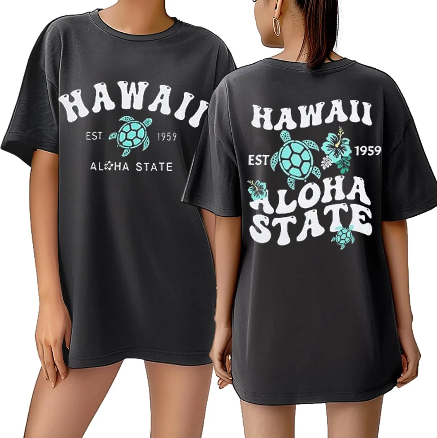 Hawaiian Shirt Women Oversized Hawaii State Aloha Graphic Letter Print T-Shirt Hibiscus Flower Casual Summer Beach Tee Top