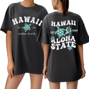 Hawaiian Shirt Women Oversized Hawaii State Aloha Graphic Letter Print T-Shirt Hibiscus Flower Casual Summer Beach Tee Top