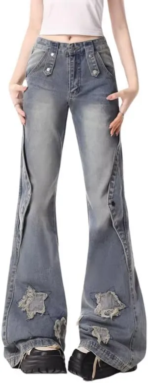 Hopecn Women Y2K Flared Jeans Baggy Aesthetic High Rise Wide Leg Pants 90S Vintage Streetwear Goth Grunge Bell Bottom.