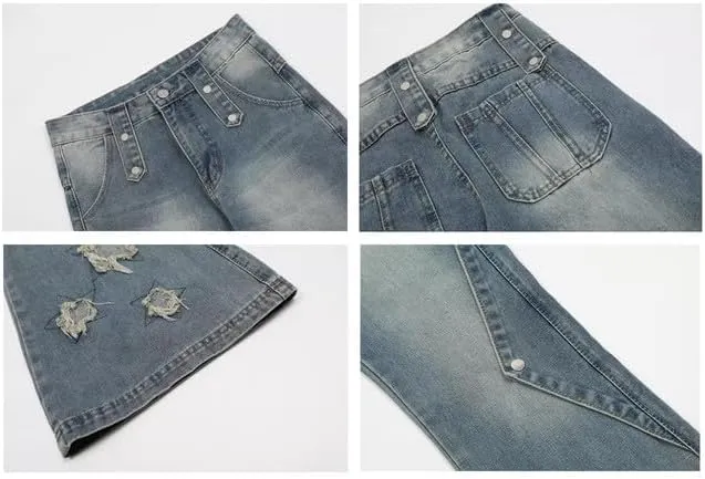 Hopecn Women Y2K Flared Jeans Baggy Aesthetic High Rise Wide Leg Pants 90S Vintage Streetwear Goth Grunge Bell Bottom.