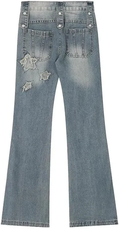 Hopecn Women Y2K Flared Jeans Baggy Aesthetic High Rise Wide Leg Pants 90S Vintage Streetwear Goth Grunge Bell Bottom.