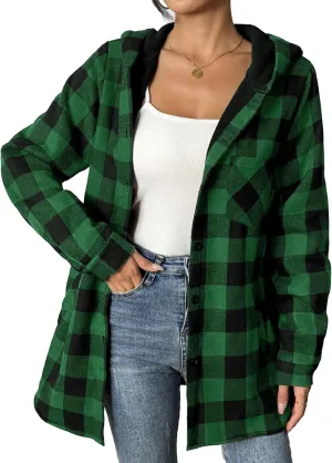 HOTOUCH Women Flannel Fleece Shacket Jacket Plaid Button Down Long Sleeve Shirt 2024 Fall Winter Outfits Clothes with Hooded