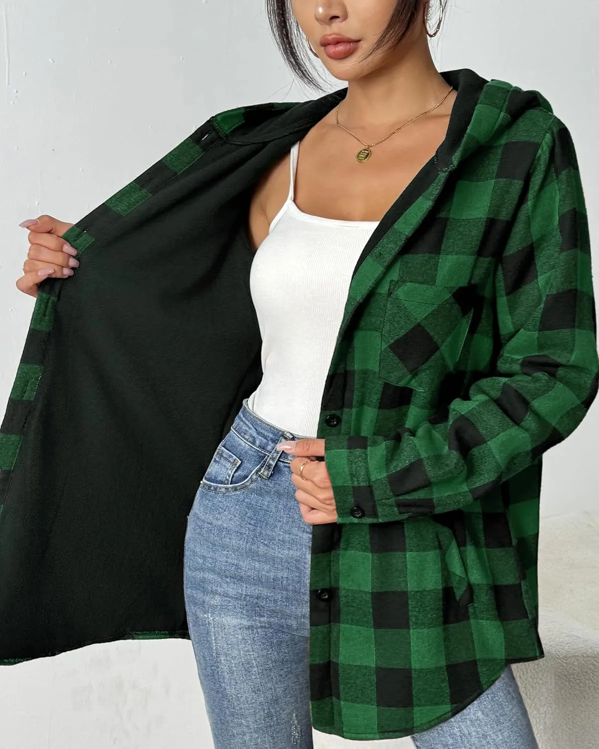 HOTOUCH Women Flannel Fleece Shacket Jacket Plaid Button Down Long Sleeve Shirt 2024 Fall Winter Outfits Clothes with Hooded