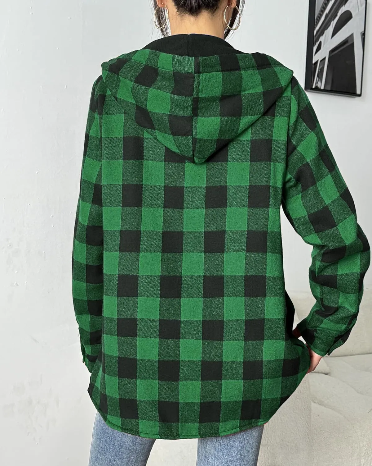 HOTOUCH Women Flannel Fleece Shacket Jacket Plaid Button Down Long Sleeve Shirt 2024 Fall Winter Outfits Clothes with Hooded