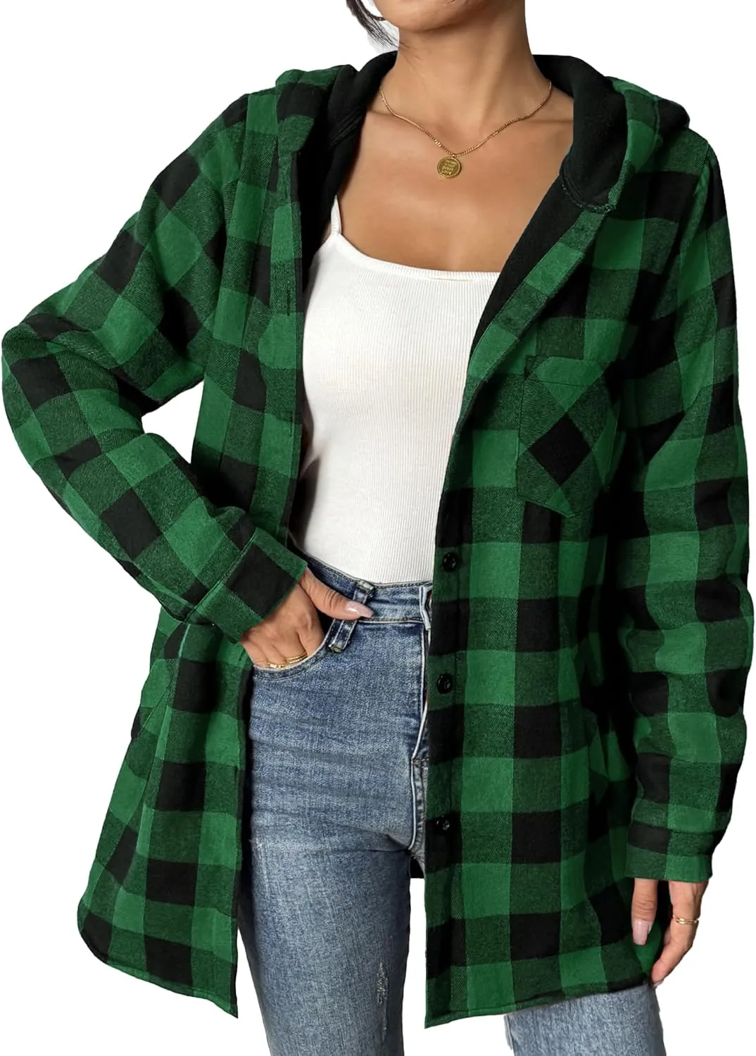 HOTOUCH Women Flannel Fleece Shacket Jacket Plaid Button Down Long Sleeve Shirt 2024 Fall Winter Outfits Clothes with Hooded