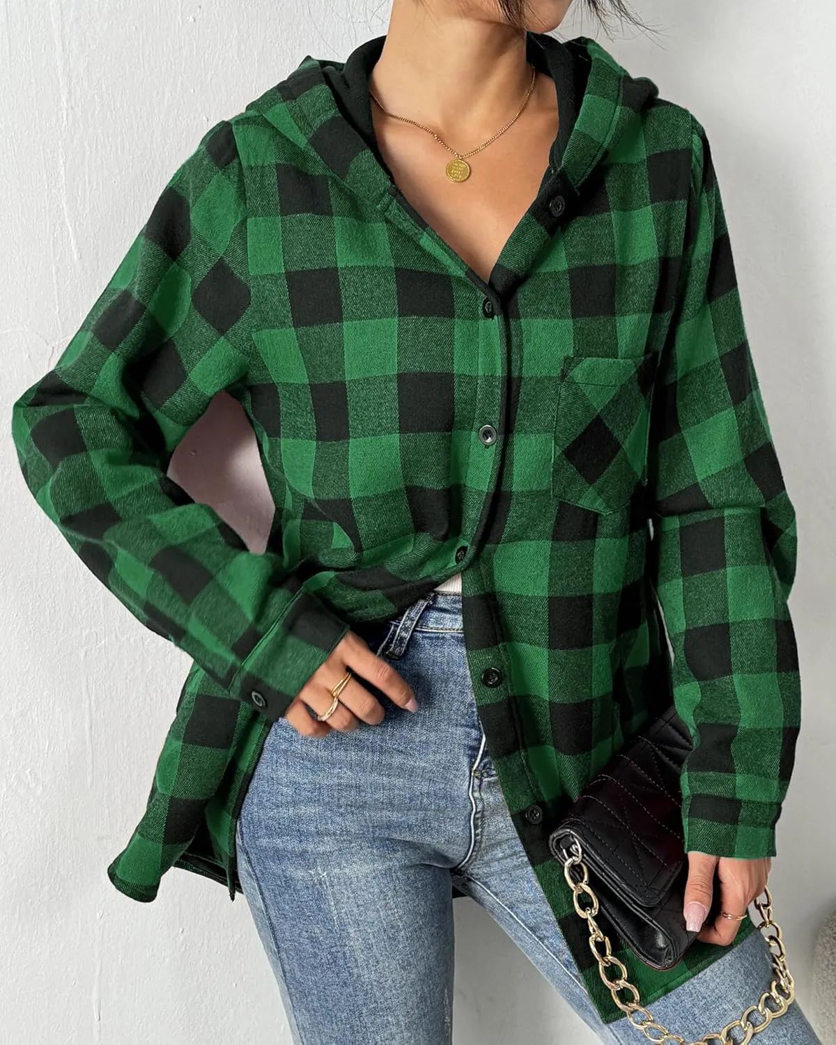 HOTOUCH Women Flannel Fleece Shacket Jacket Plaid Button Down Long Sleeve Shirt 2024 Fall Winter Outfits Clothes with Hooded