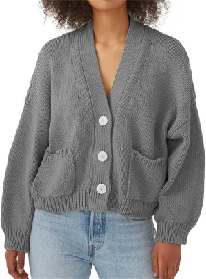 HOULENGS Women's Long Sleeve Chunky Knit Cardigan Sweater Button Down Sweater Outerwear with Pockets