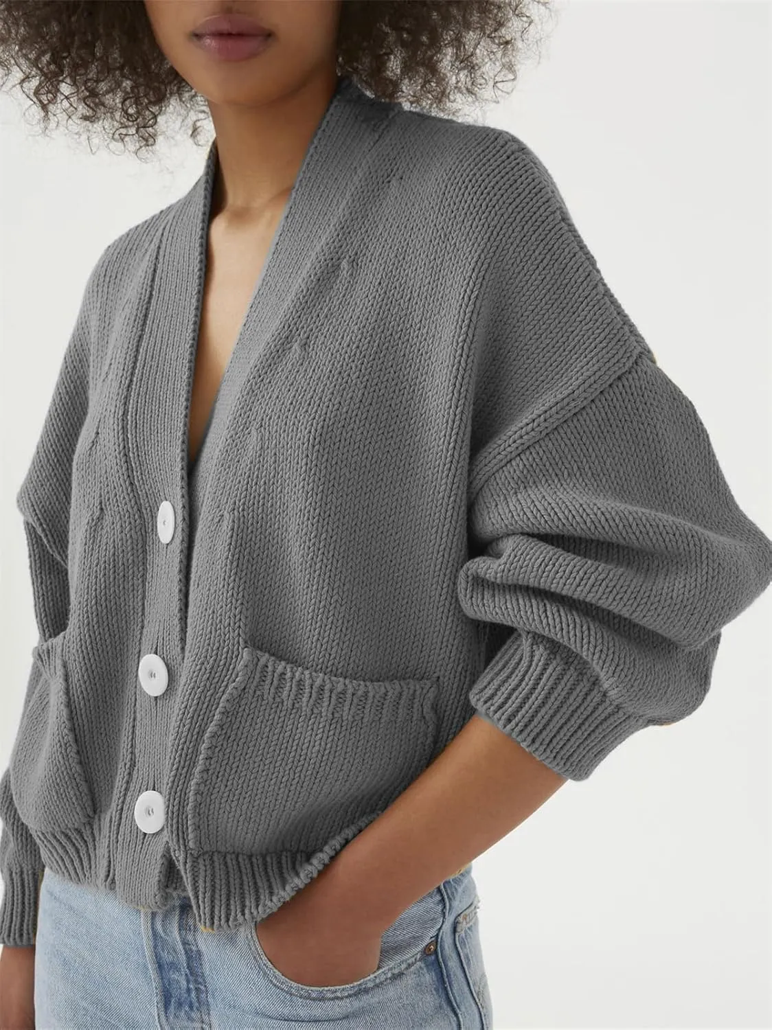 HOULENGS Women's Long Sleeve Chunky Knit Cardigan Sweater Button Down Sweater Outerwear with Pockets