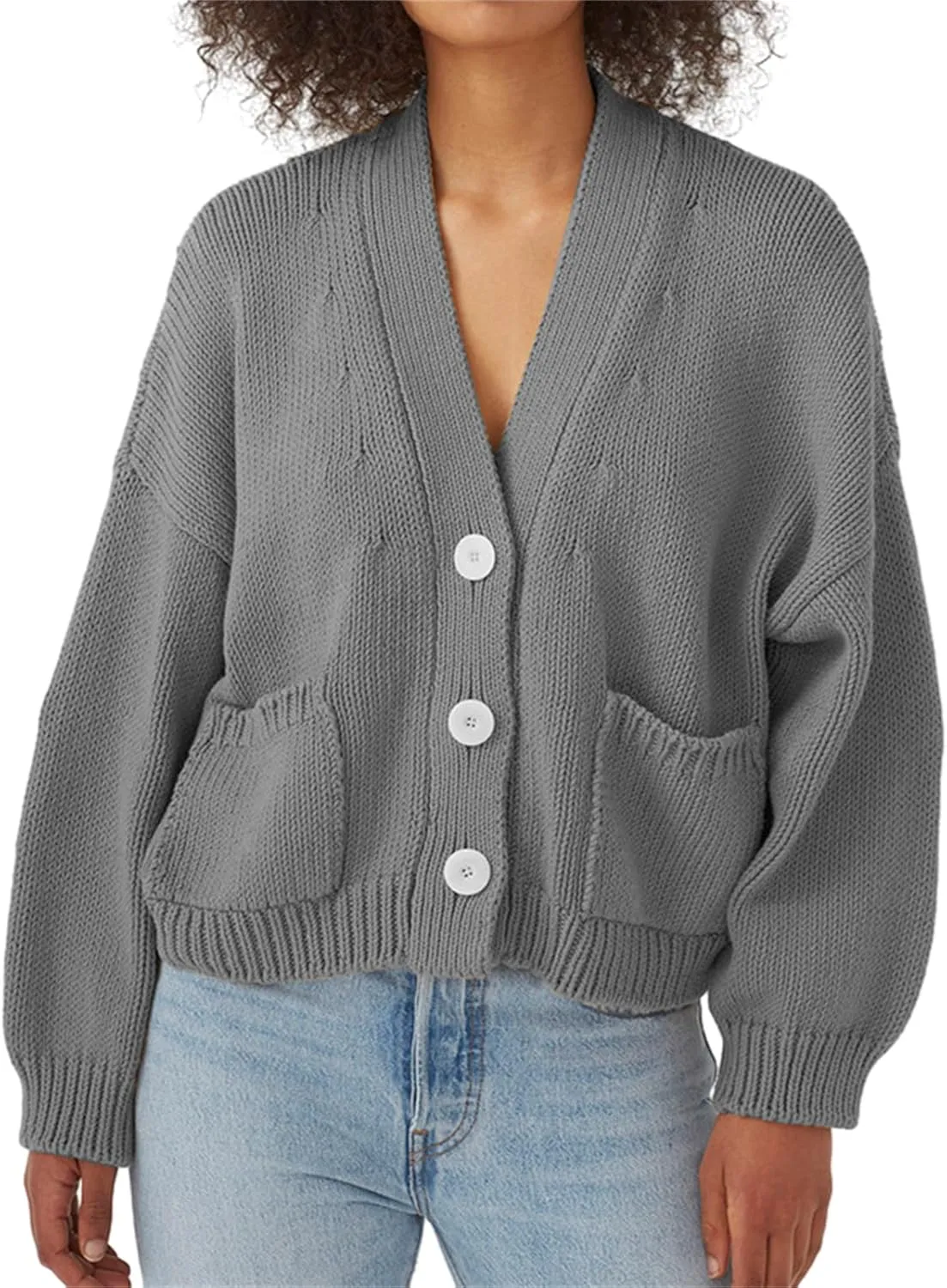 HOULENGS Women's Long Sleeve Chunky Knit Cardigan Sweater Button Down Sweater Outerwear with Pockets
