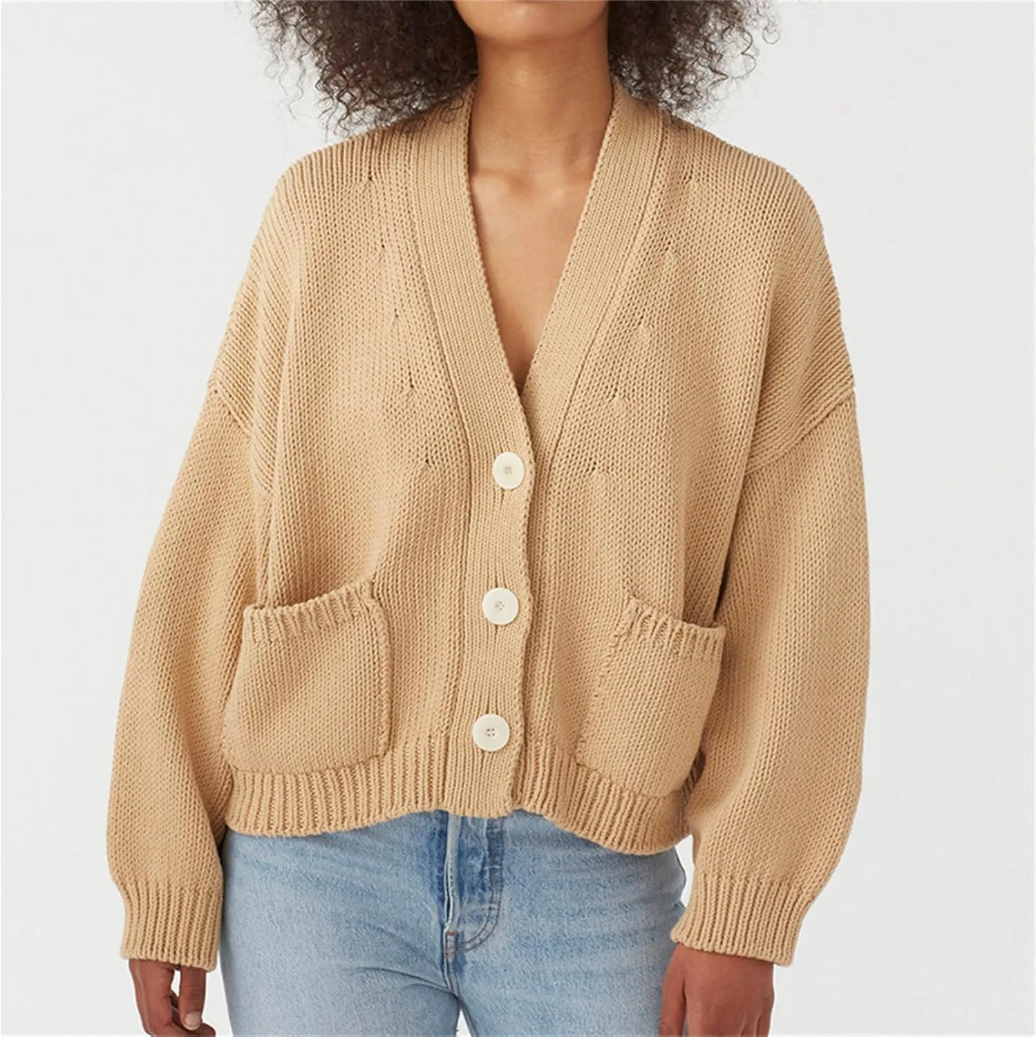 HOULENGS Women's Long Sleeve Chunky Knit Cardigan Sweater Button Down Sweater Outerwear with Pockets