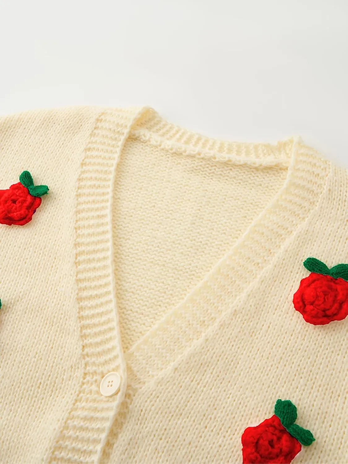 HOULENGS Women's Strawberry Print Button Down Long Sleeve V Neck Crop Cardigan Sweater