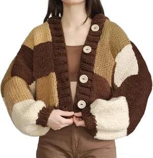 HOULENGS Women's Vintage Plaid Pattern Lantern Long Sleeve Cardigan Sweater Button Down Hooded Chunky Knit Sweater Coat