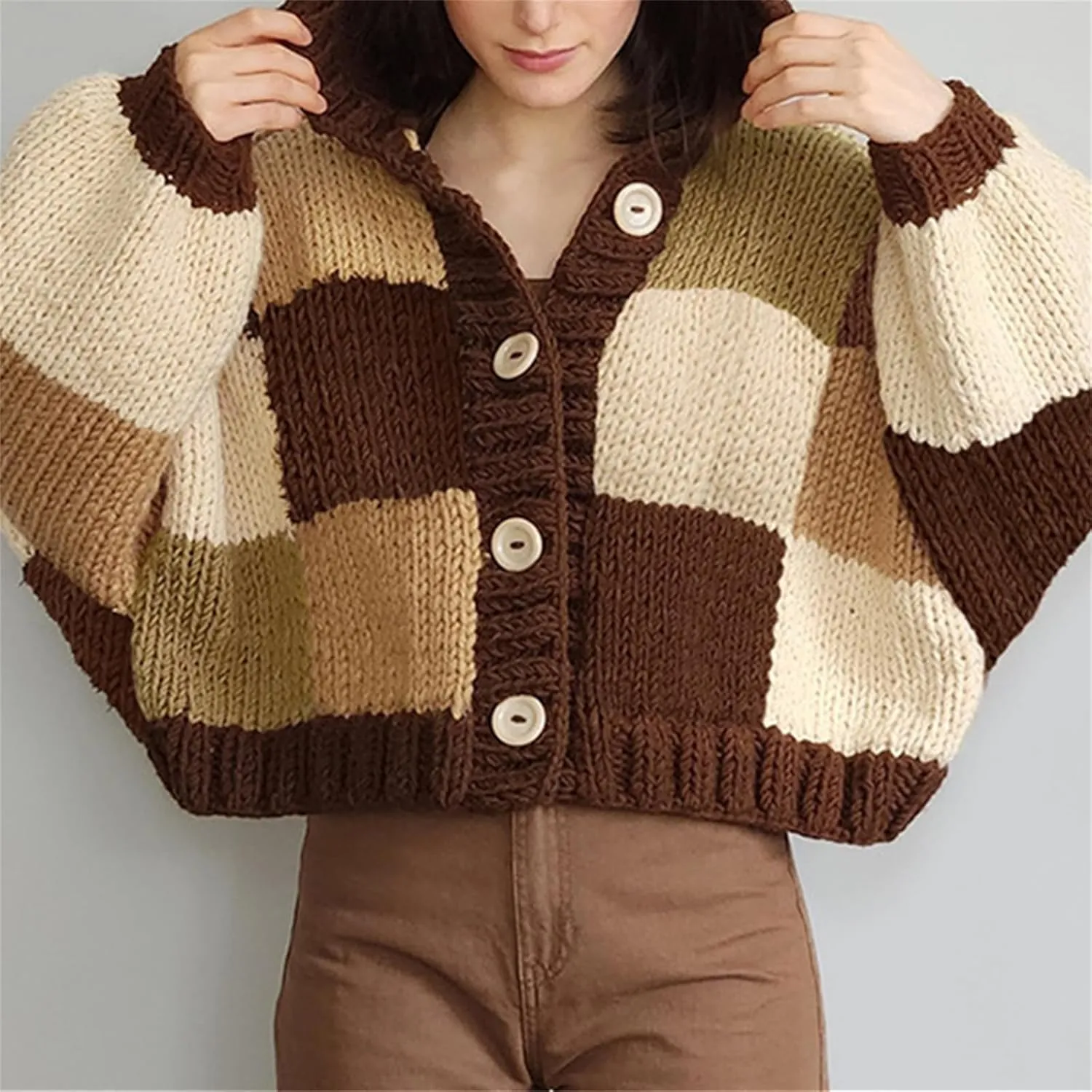 HOULENGS Women's Vintage Plaid Pattern Lantern Long Sleeve Cardigan Sweater Button Down Hooded Chunky Knit Sweater Coat