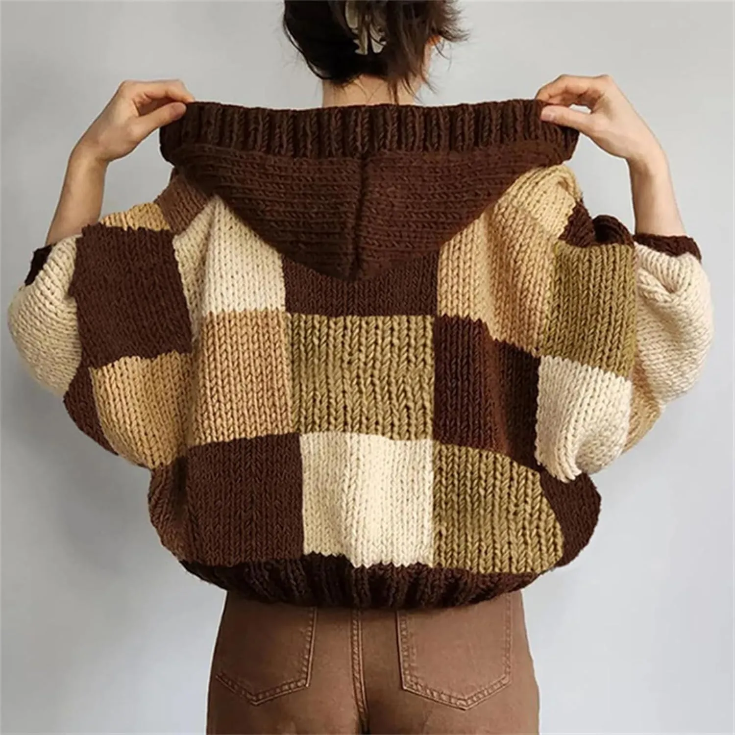 HOULENGS Women's Vintage Plaid Pattern Lantern Long Sleeve Cardigan Sweater Button Down Hooded Chunky Knit Sweater Coat