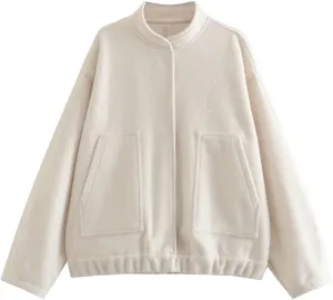 HOULENGS Women's Wool Blend Long Sleeve Shacket Coat Button Stand Collar Varsity Jacket with Pockets
