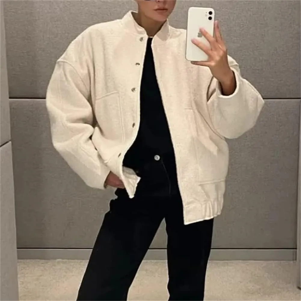 HOULENGS Women's Wool Blend Long Sleeve Shacket Coat Button Stand Collar Varsity Jacket with Pockets