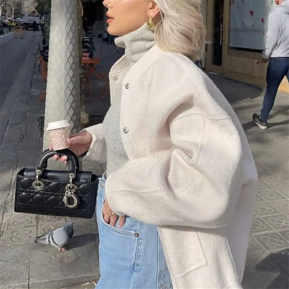 HOULENGS Women's Wool Blend Long Sleeve Shacket Coat Button Stand Collar Varsity Jacket with Pockets