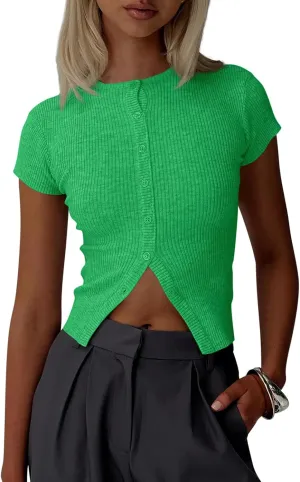Imily Bela Womens Short Sleeve Sweater Tops Summer Button Down Casual Ribbed Knit Slim Fit Cropped Cardigan Shirts