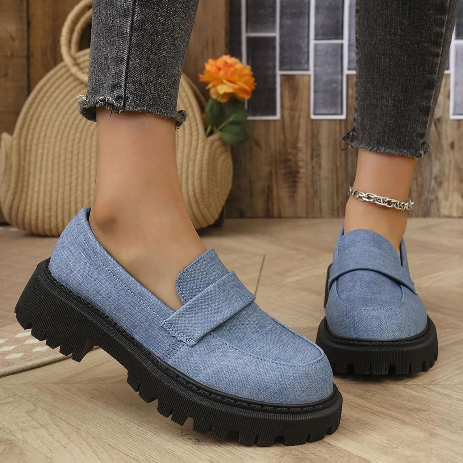 Jean Loafers for Women Comfort Slip-On Loafers Business Dress Shoes Chunky Heeled Work Shoes Retro Dress Shoes