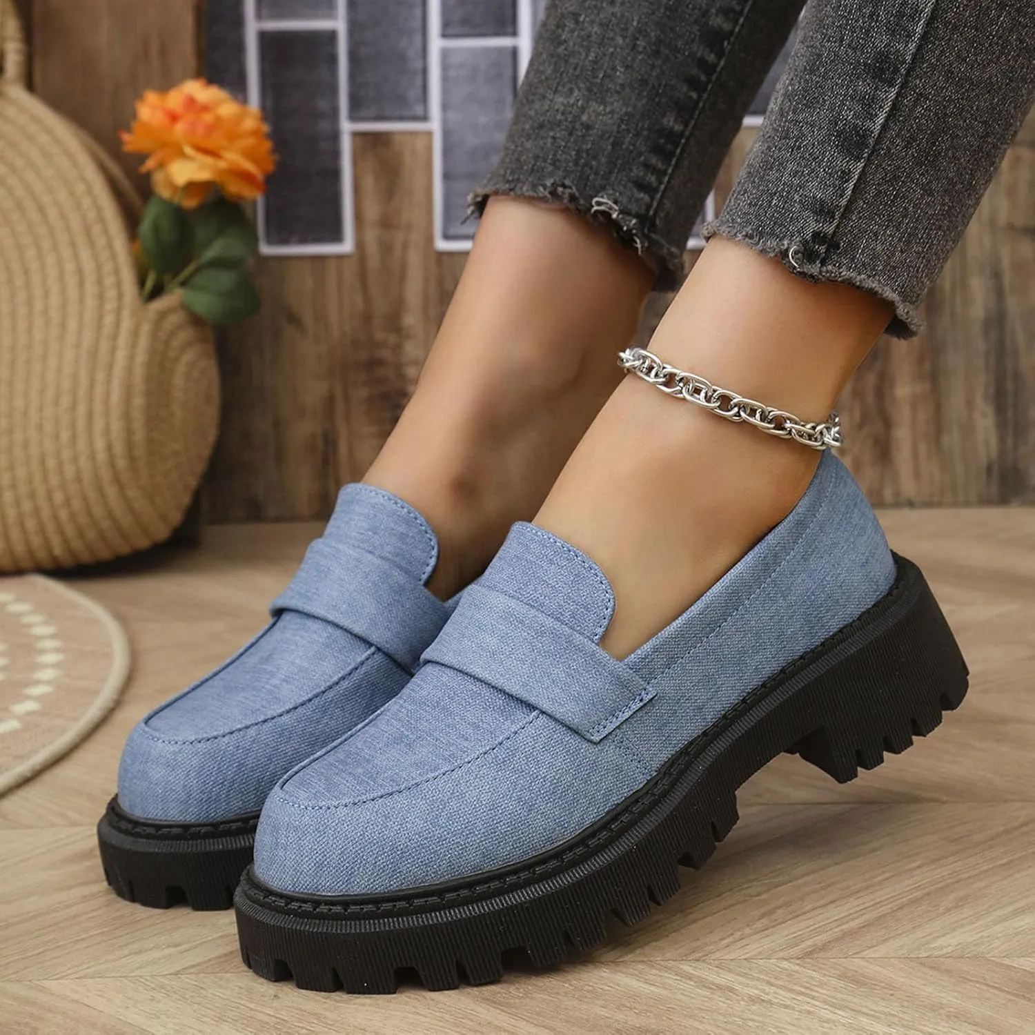 Jean Loafers for Women Comfort Slip-On Loafers Business Dress Shoes Chunky Heeled Work Shoes Retro Dress Shoes