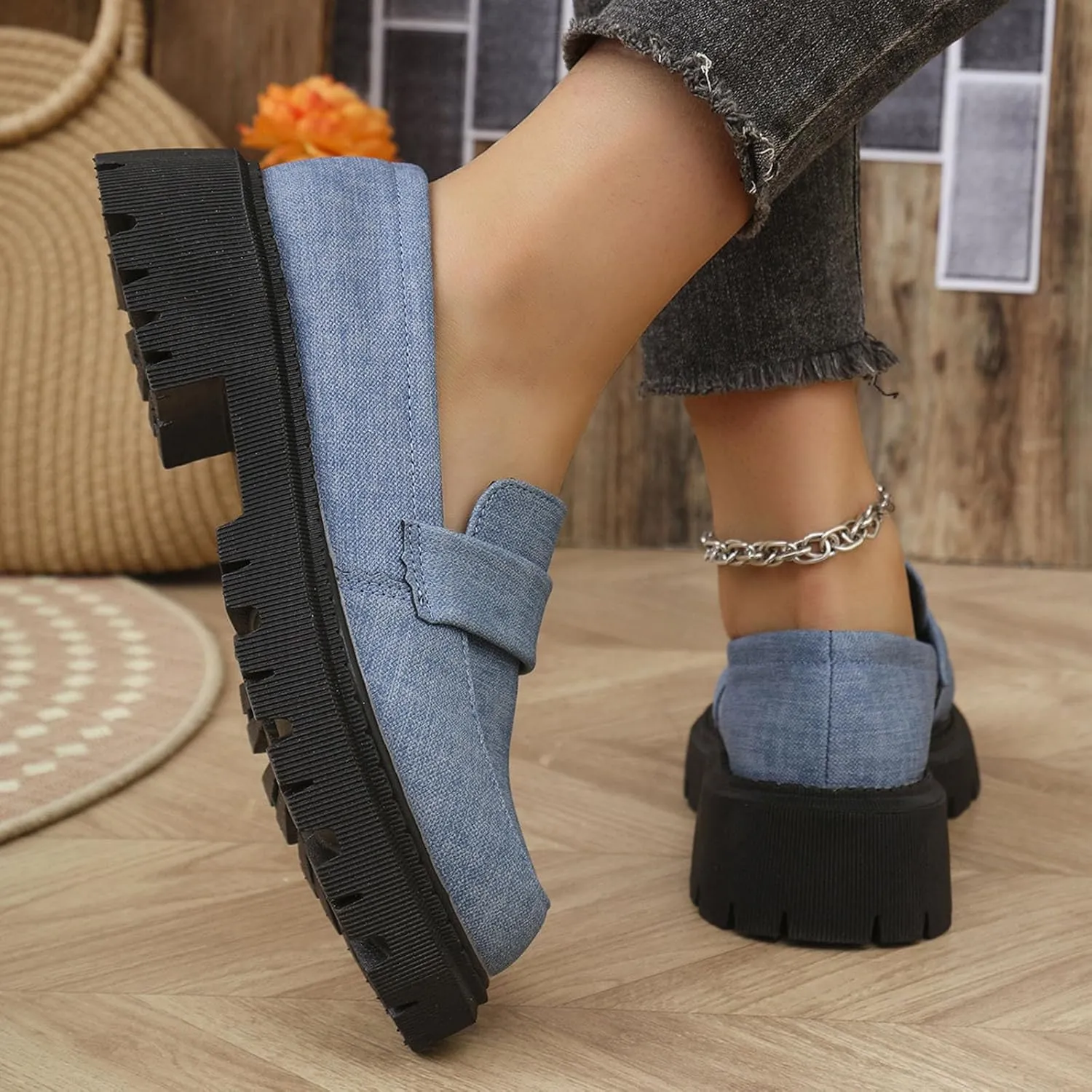 Jean Loafers for Women Comfort Slip-On Loafers Business Dress Shoes Chunky Heeled Work Shoes Retro Dress Shoes