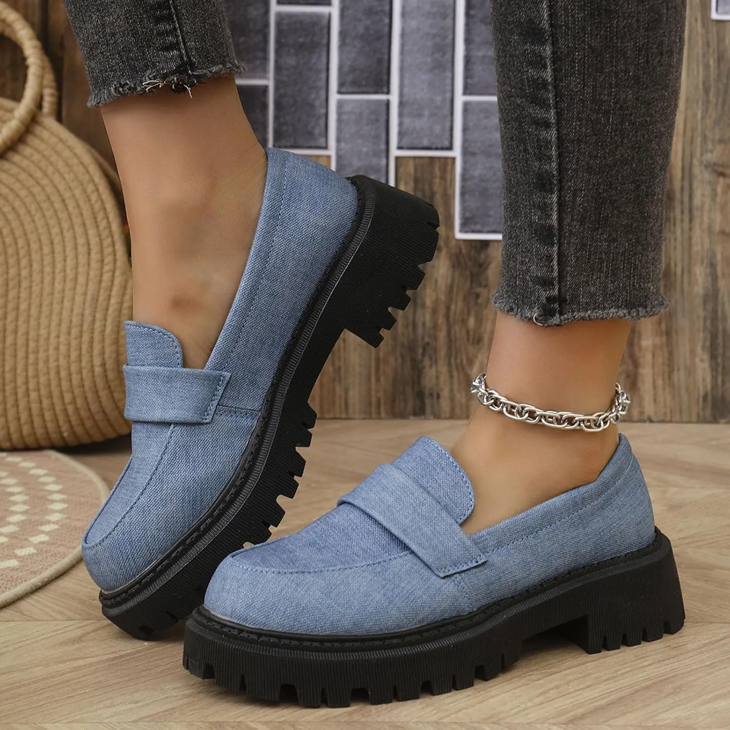 Jean Loafers for Women Comfort Slip-On Loafers Business Dress Shoes Chunky Heeled Work Shoes Retro Dress Shoes