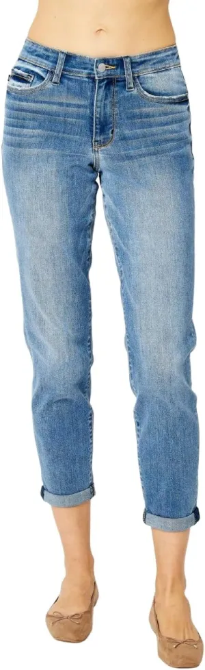 Judy Blue Mid Rise Cuffed Slim Jeans - Comfy & Stretchy Denim for Everyday Wear 82441-15