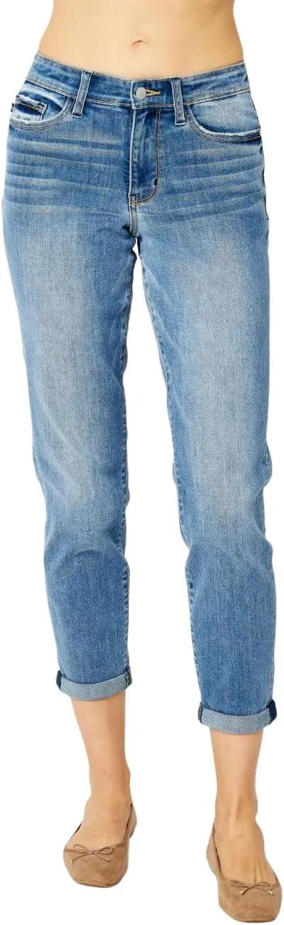 Judy Blue Mid Rise Cuffed Slim Jeans - Comfy & Stretchy Denim for Everyday Wear 82441-15