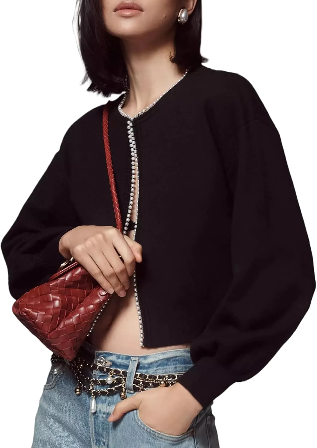 Kedera Womens Casual Pearls Cardigan Sweater Elegant Long Sleeves Oversized Pullover Knit Sweater