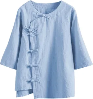 Kedera Women's Loose Cotton Linen Blouse Round Neck with Chinese Frog Button Tops
