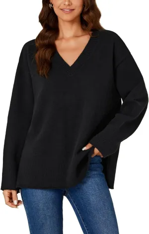 KIFOVEN Women’s Casual Oversized Tunic Sweater V Neck Long Sleeve Side Slit Pullover Loose Fall Knit Top