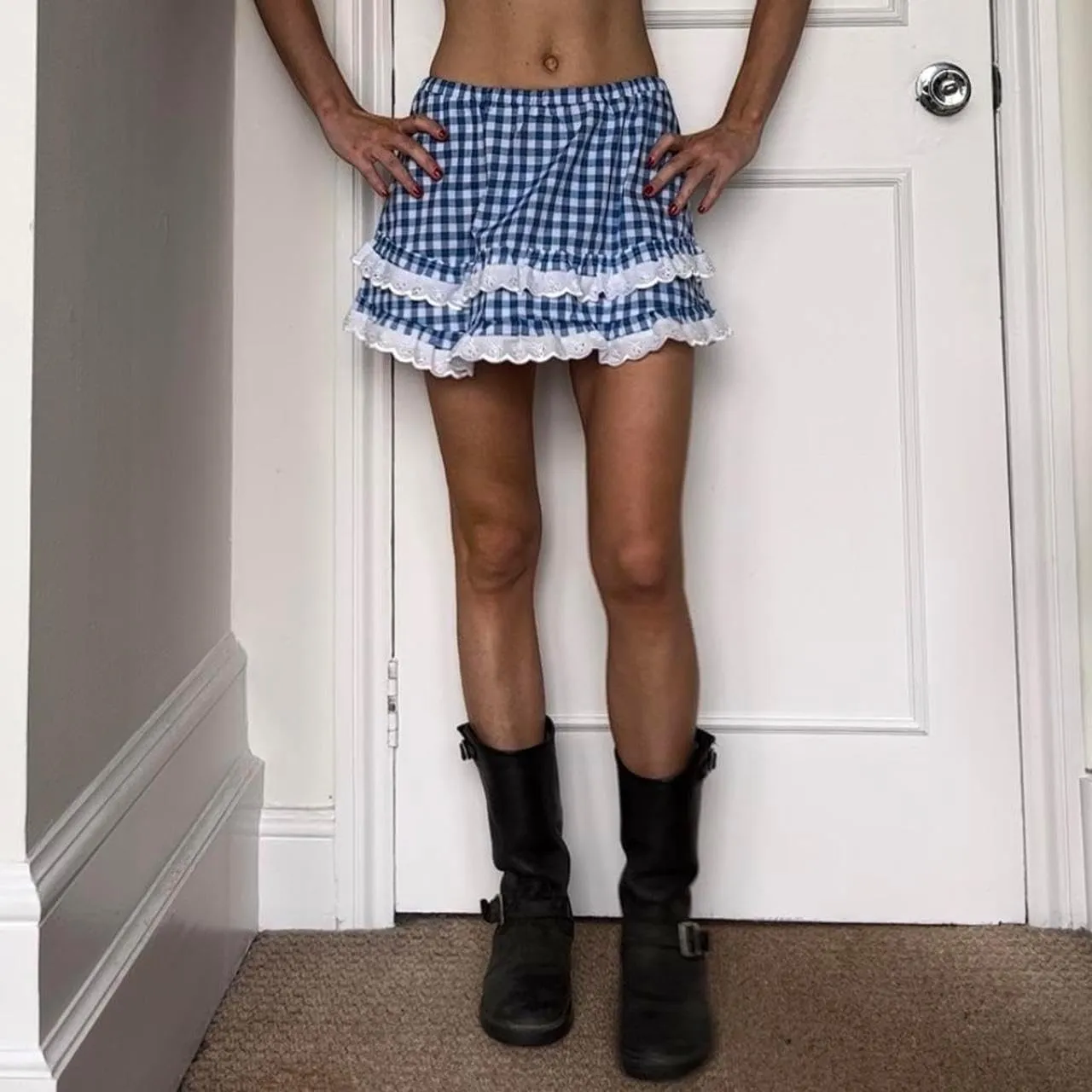 KOSUSANILL Ruffle Lolita Mini Skirt Women Y2k Gingham Smocked Cosplay Layered Costume Pleated Micro Skirt