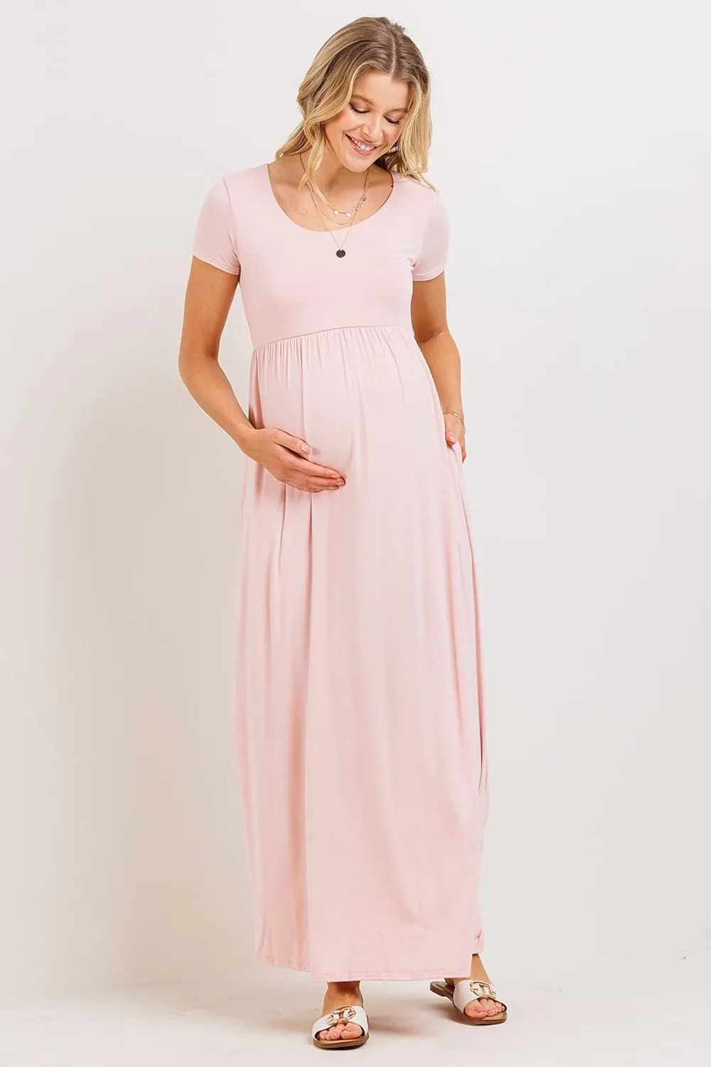LaClef Women's Maternity Short Sleeve Empire Waist Summer Maxi Dress with Pockets