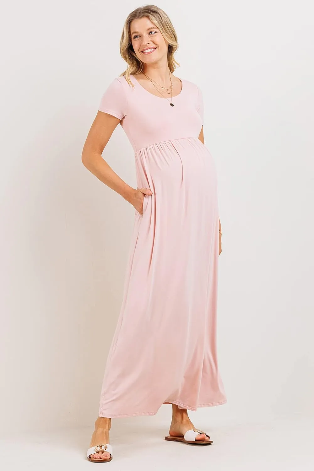 LaClef Women's Maternity Short Sleeve Empire Waist Summer Maxi Dress with Pockets