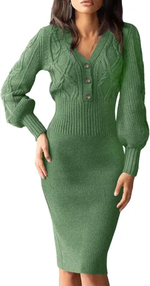 Langwyqu Women's V Neck Lantern Long Sleeve Sweater Dress Sexy Bodycon Cable Ribbed Knit Fall Pullover Midi Dresses