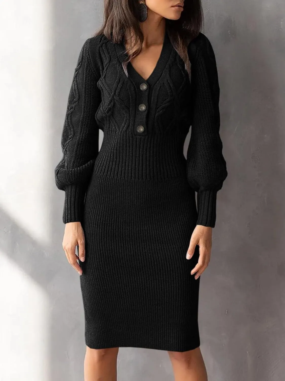 Langwyqu Women's V Neck Lantern Long Sleeve Sweater Dress Sexy Bodycon Cable Ribbed Knit Fall Pullover Midi Dresses
