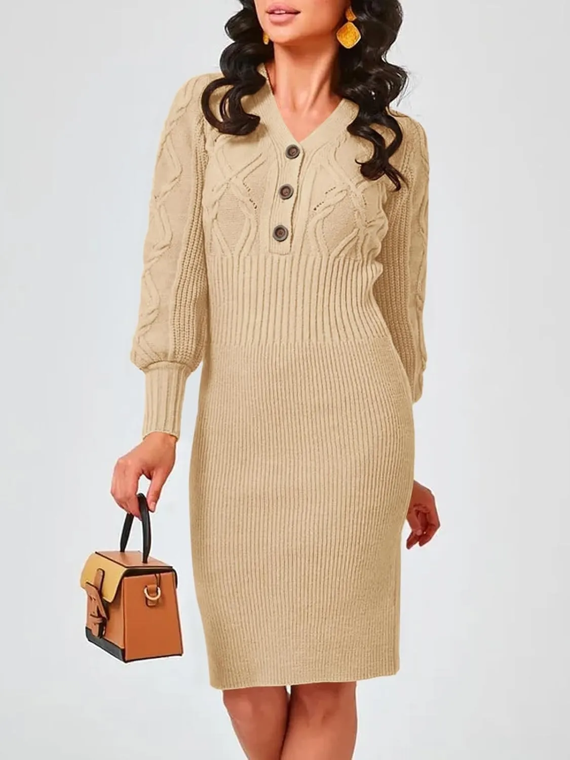 Langwyqu Women's V Neck Lantern Long Sleeve Sweater Dress Sexy Bodycon Cable Ribbed Knit Fall Pullover Midi Dresses