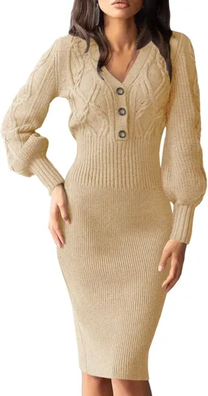 Langwyqu Women's V Neck Lantern Long Sleeve Sweater Dress Sexy Bodycon Cable Ribbed Knit Fall Pullover Midi Dresses