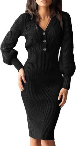 Langwyqu Women's V Neck Lantern Long Sleeve Sweater Dress Sexy Bodycon Cable Ribbed Knit Fall Pullover Midi Dresses