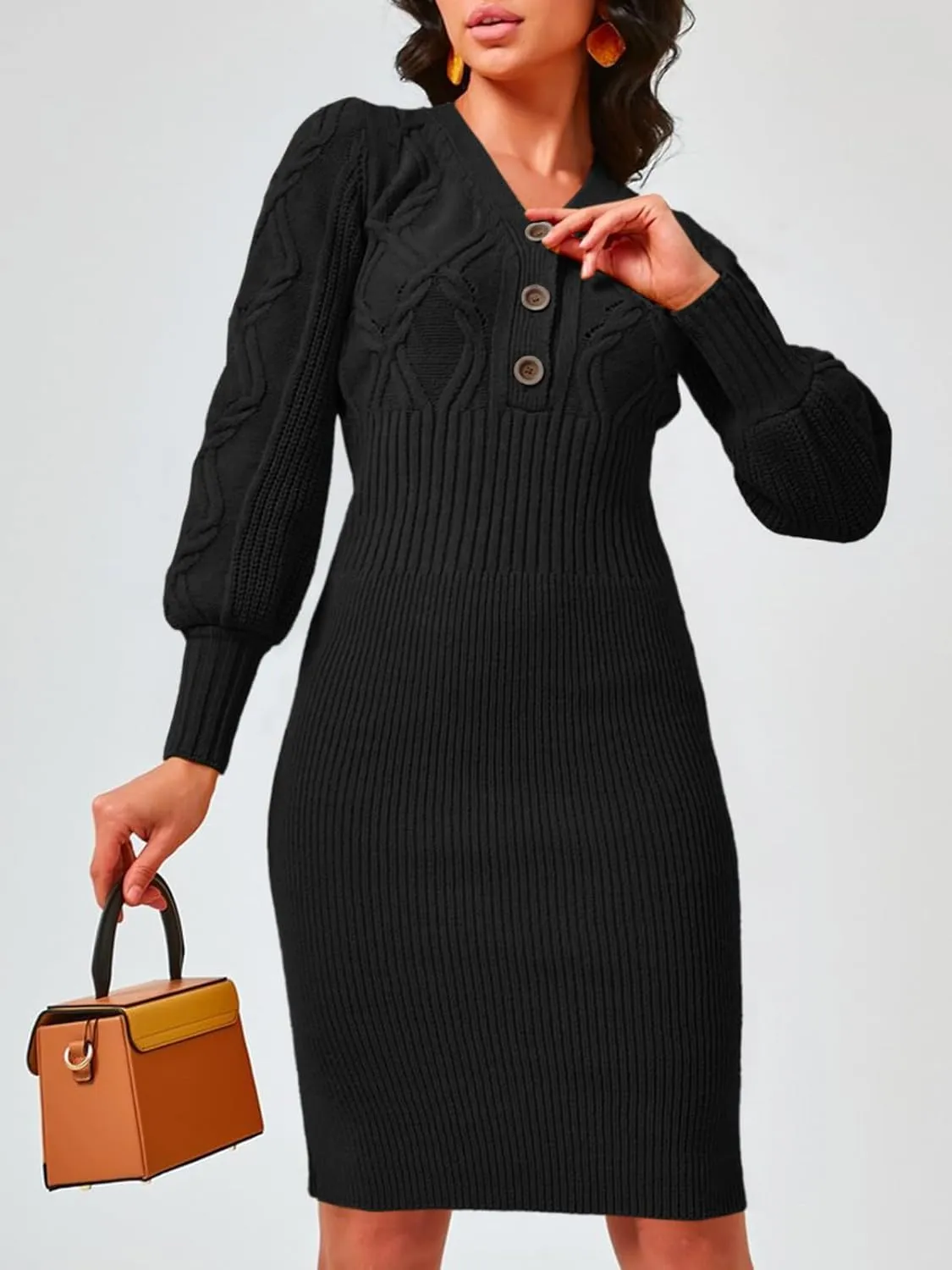 Langwyqu Women's V Neck Lantern Long Sleeve Sweater Dress Sexy Bodycon Cable Ribbed Knit Fall Pullover Midi Dresses