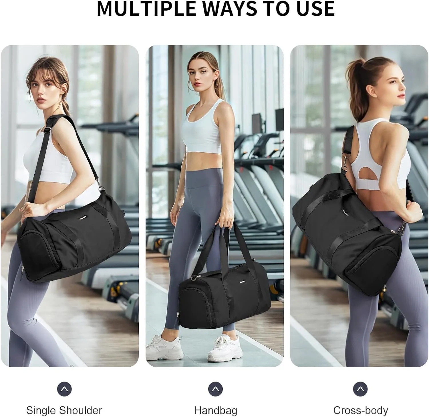 Large Duffel Travel Bag for Women Sports Gym Waterproof Weekend Shoulder Night with Wet Things Pocket Lightweight Hospital Bag for Transport Hiking, H-black