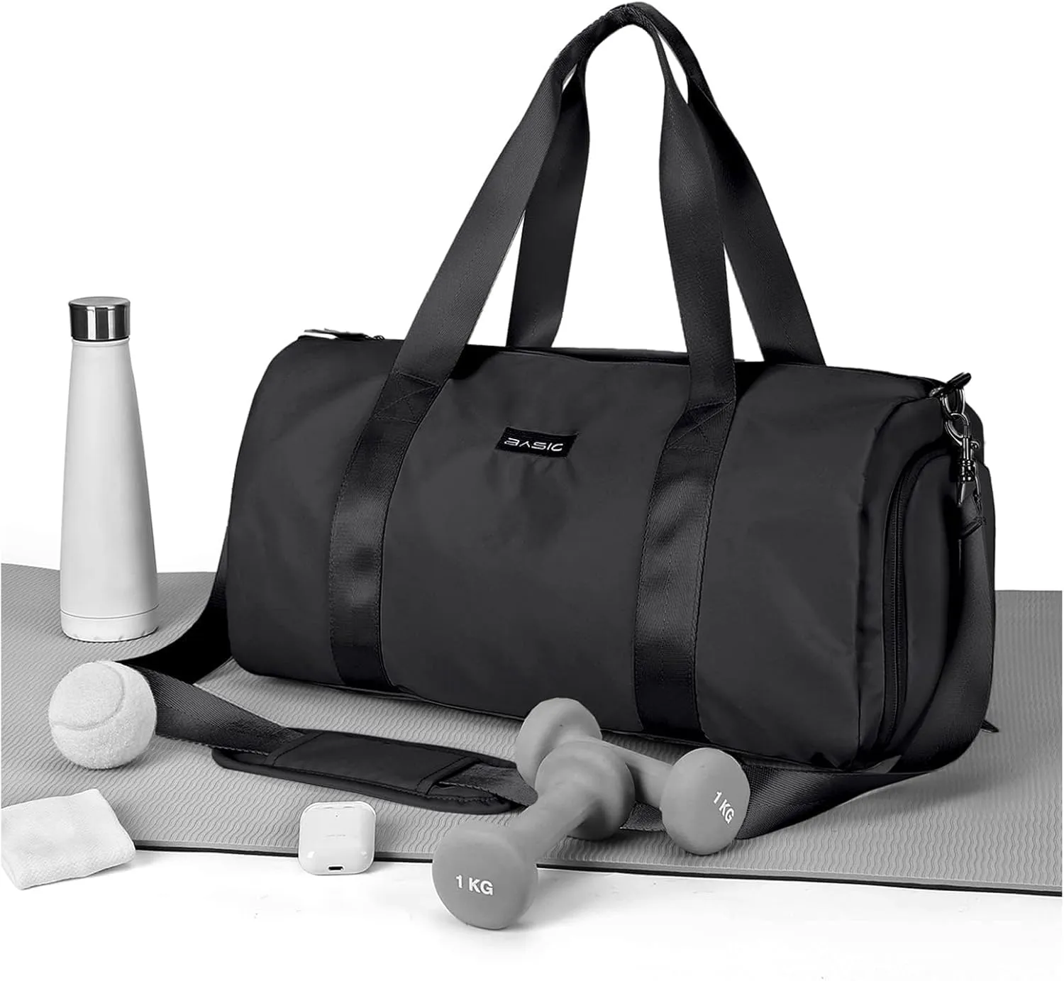 Large Duffel Travel Bag for Women Sports Gym Waterproof Weekend Shoulder Night with Wet Things Pocket Lightweight Hospital Bag for Transport Hiking, H-black