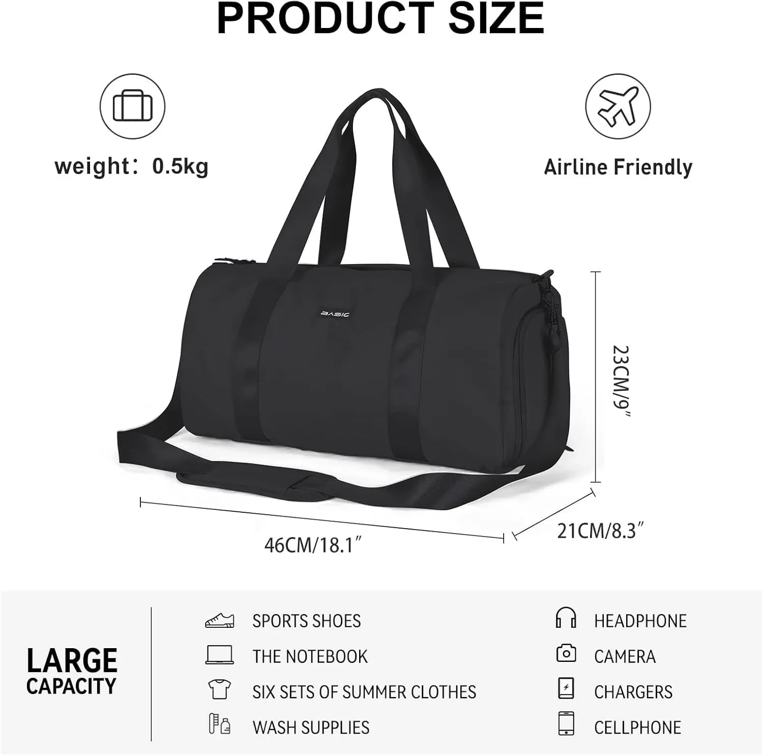 Large Duffel Travel Bag for Women Sports Gym Waterproof Weekend Shoulder Night with Wet Things Pocket Lightweight Hospital Bag for Transport Hiking, H-black